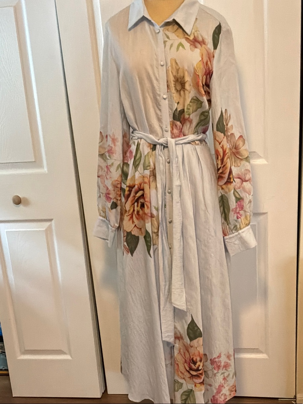 Rokoko Floral Light Blue Maxi Shirt Dress with Tie Waist